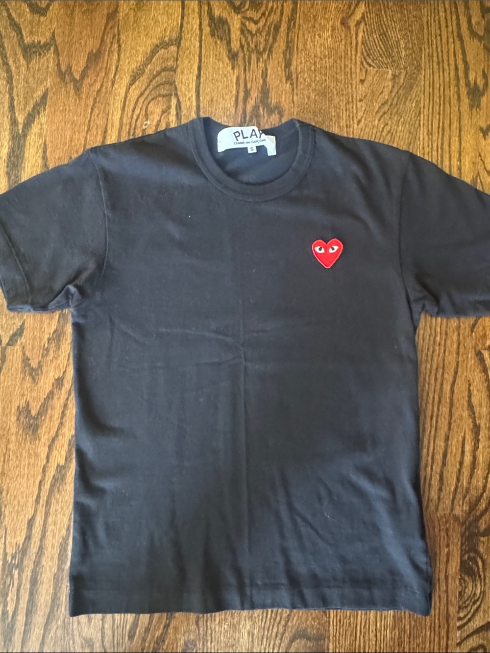 Comme des Garçons Men’s Black Tee with Red Heart Patch - Size Small